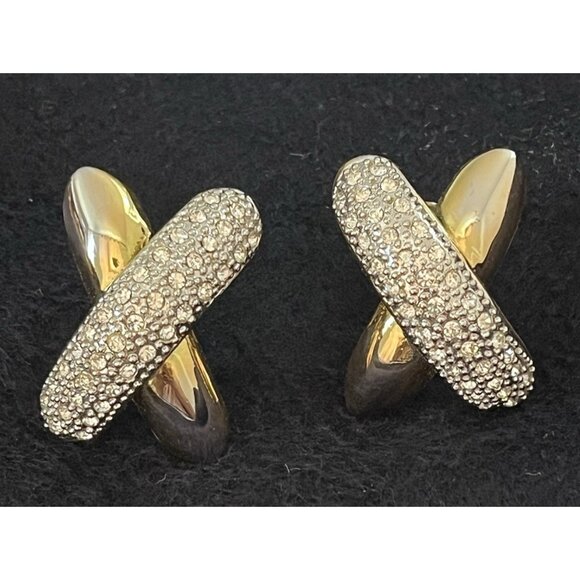 Vtg 90s Mogul gold tone & silver pave crystal designer inspired clip earrings - Picture 1 of 7